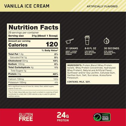 Optimum Nutrition Gold Standard Whey Protein Powder - Vanilla Ice Cream Flavor | 2 Pound Size