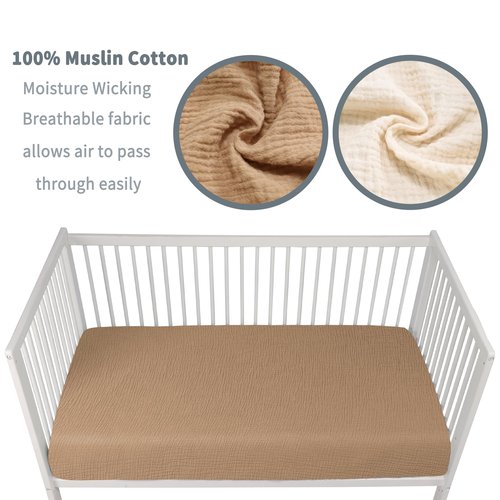 GUNTAIL Muslin Crib Sheets for Boys Girls 100% Cotton Fitted Baby Crib Sheet 2 Pack Soft and Breathable for Standard Crib Mattress & Toddler Mattress 52x28in (Beige & Coffee)