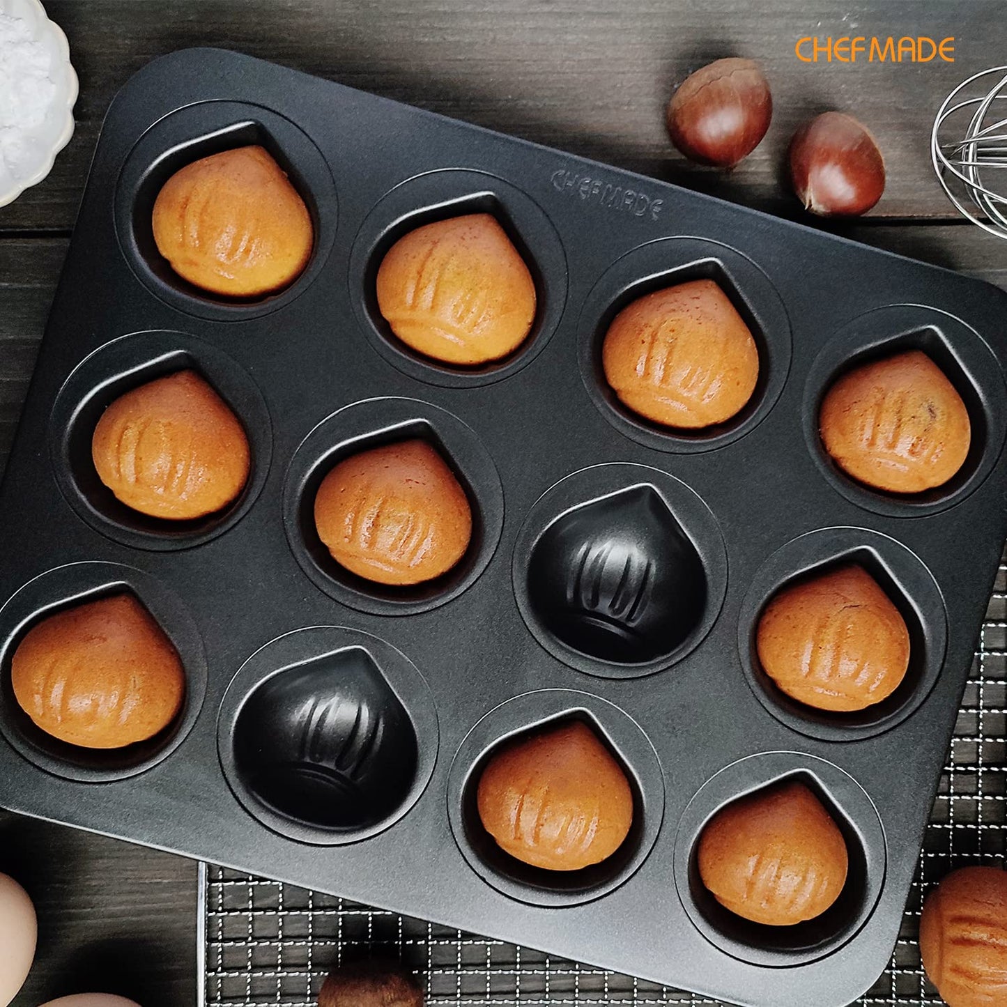 CHEFMADE Muffin Cake Pan, Nonstick 12 Cavity Chestnut-Shaped Bakeware