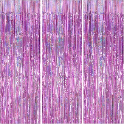 Skiennix Foil Curtain Backdrop - 3 Pack Tinsel Fringe Curtains for Parties & Events | 3.3x6.6 ft Pink