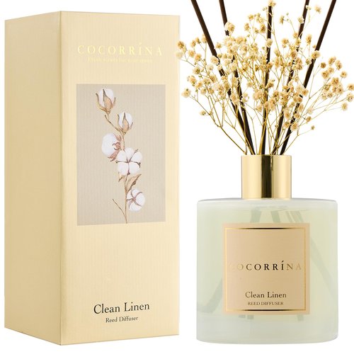 COCORRÍNA Reed Diffuser - Clean Linen 17 Fl.oz Reed Diffuser with 8 Sticks Scented Diffuser with Preserved Flowers for Bathroom Home Decor