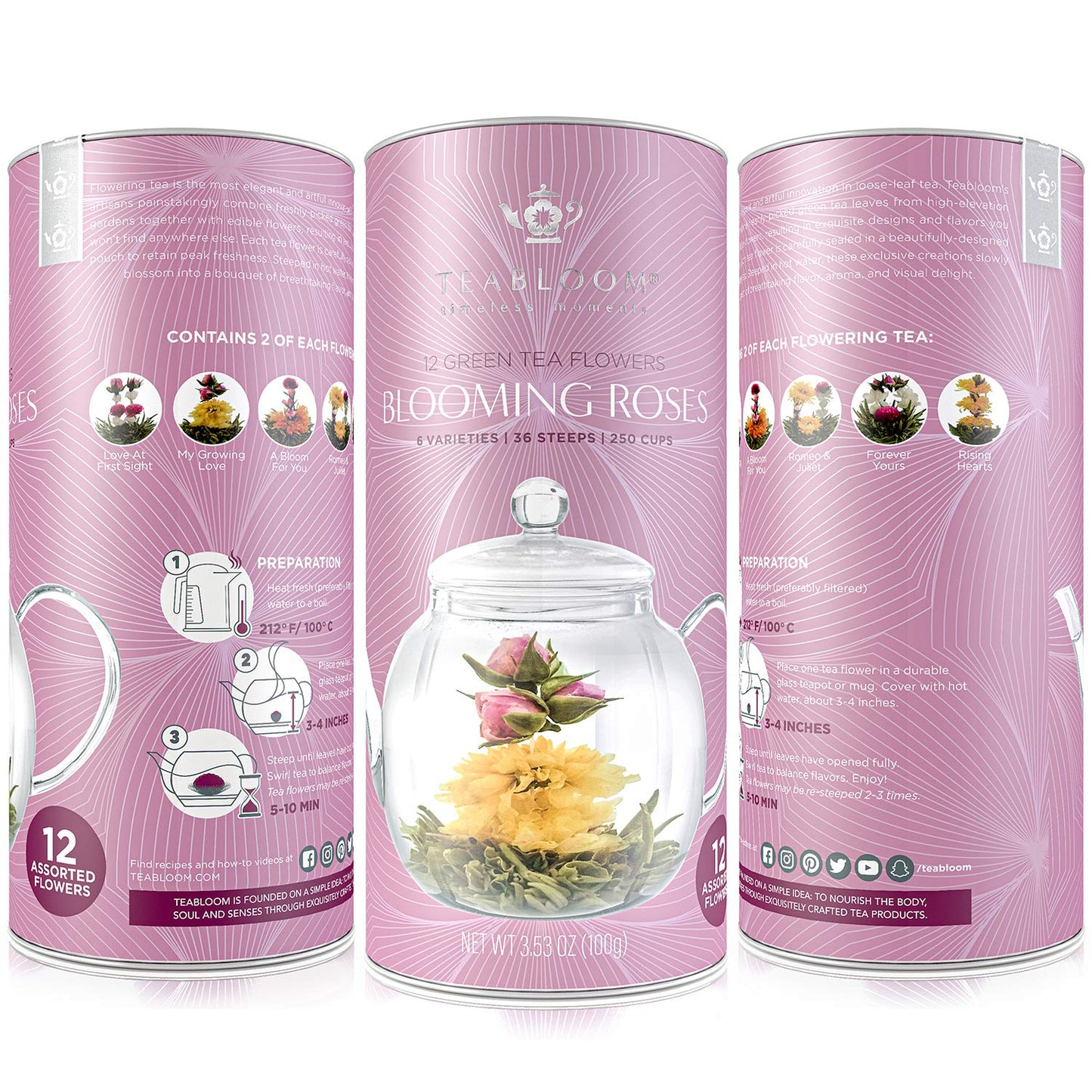 Teabloom Rose Flowering Tea – 12 Hand Tied Blooming Tea Flowers – 36 Steeps, Makes 250 Cups – Romantic Rose Tea Gift Set for Tea Lovers