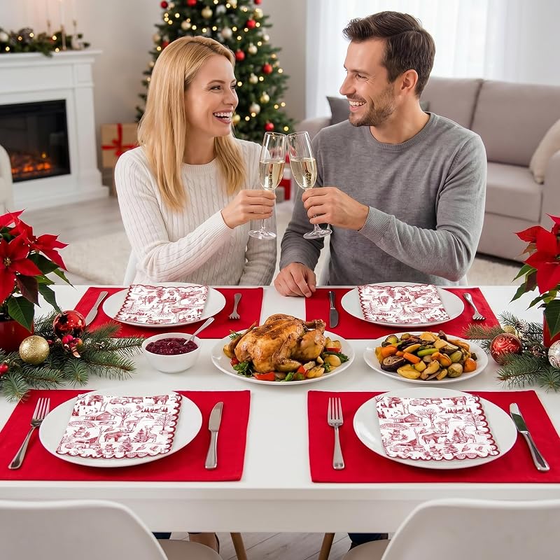 Christmas Napkins 50 Ct 3-Ply Red Toile Village 6.5" Disposable Dinner Napkins