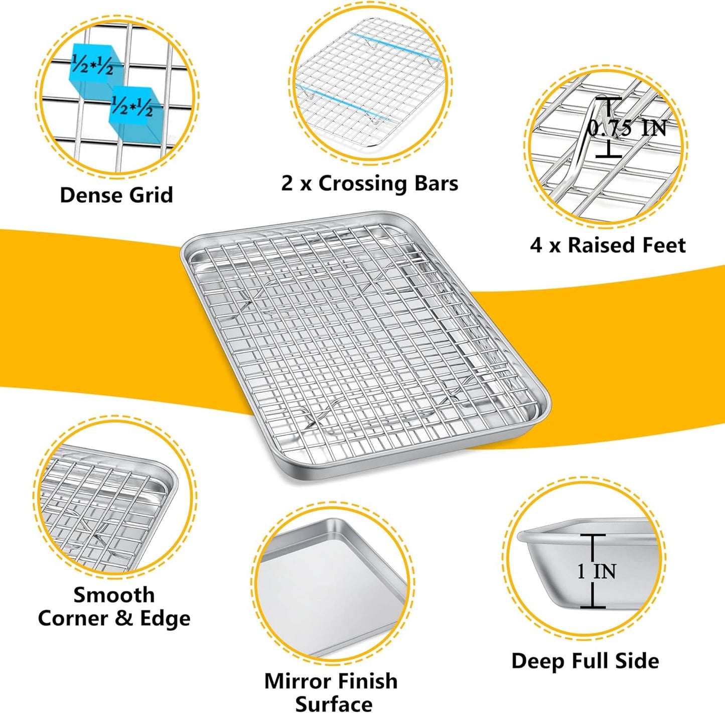P&P CHEF Toaster Oven Pan Set - 10.4 Inch Stainless Steel Baking Tray with Cooling Rack | Dishwasher Safe, Non-Toxic & Durable