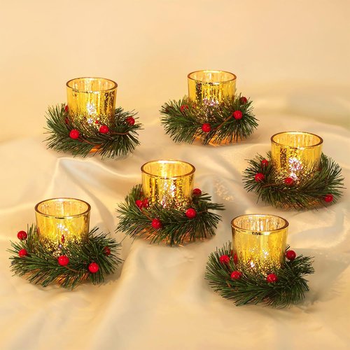 Hewory Tealight Candle Holders - Set of 6 Decorative Gold Holders with Xmas Wreath | Perfect for Holiday Centerpieces