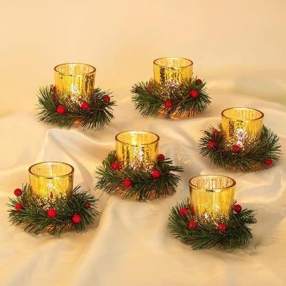 Hewory Tealight Candle Holders - Set of 6 Decorative Gold Holders with Xmas Wreath | Perfect for Holiday Centerpieces