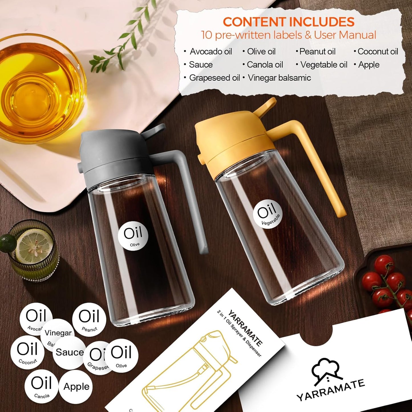 YARRAMATE Glass Olive Oil Sprayer - 16oz Premium Food Grade Dispenser with Portion Control | Orange