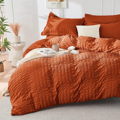 HYMOKEGE Comforter Set - Luxury 7-Piece All-Season Bedding in Burnt Orange | Full Size Seersucker Design