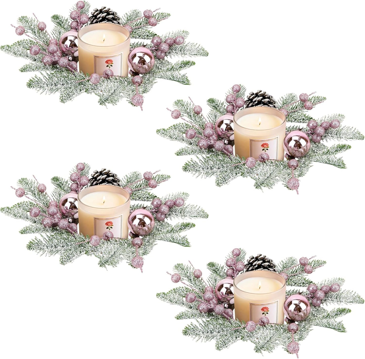 Regine Switzerland Christmas Candle Rings - 8" Small Wreaths with Pine Cones, Berries & Balls for Festive Table Decor (4, Pink)