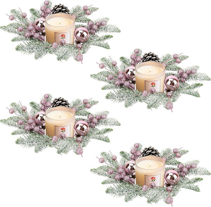 Regine Switzerland Christmas Candle Rings - 8" Small Wreaths with Pine Cones, Berries & Balls for Festive Table Decor (4, Pink)