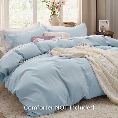 Bedsure Sky Blue Duvet Cover Set - Extra Soft Prewashed Cotton-Like Polyester | Queen Size 3-Piece 90x90 Inches with Zipper Closure & 2 Pillow Shams
