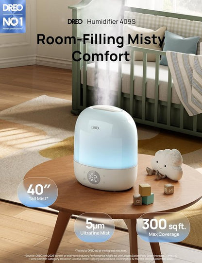 DREO Humidifier for Bedroom - Ultra Quiet 28dB Cool Mist with 30H Runtime & RGB Night Light | Perfect for Baby & Nursery