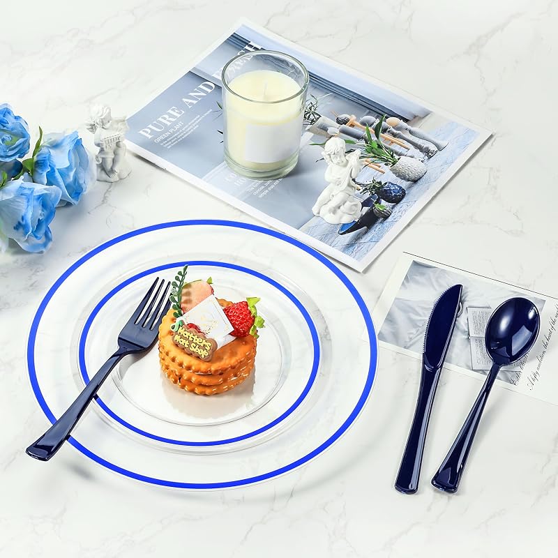 200 Pc Blue Pre-Rolled Plastic Cutlery Set - 200 Forks, Knives, Spoons + Napkins (Variation: 200PC+Blue)