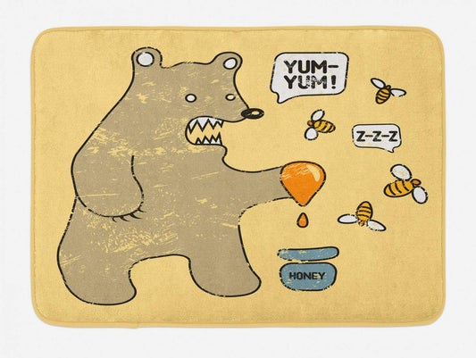 Ambesonne Cartoon Bath Mat, Caricature Style Bear Bees and Honey Saying Yum Comic Graphic Print, Plush Bathroom Decor Mat with Non Slip Backing, 30.2" x 20", Taupe Yellow