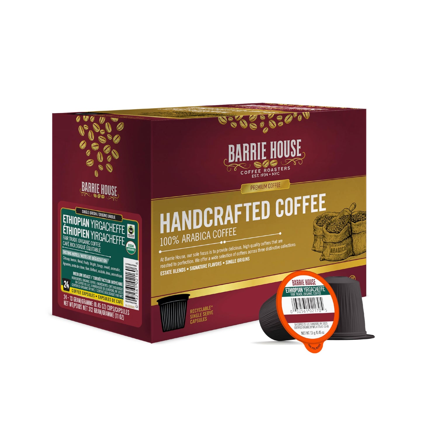 Barrie House Ethiopian Yirgacheffe Single Serve Coffee Pods, 24 Pack | High Acidity and Clean Finish | Compatible With Keurig K Cup Brewers | Small Batch Artisan Coffee in Convenient Single Cup Capsules