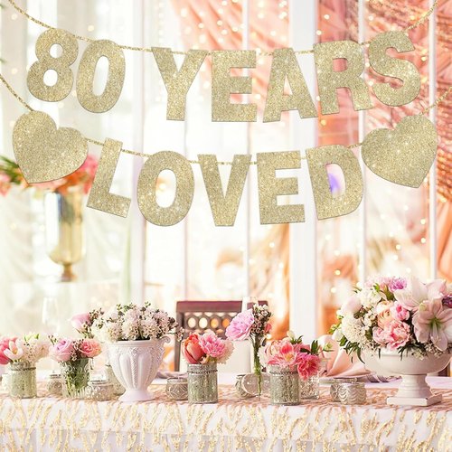 80 Years Loved Banner - Gold Glitter 80th Birthday Decorations for Men & Women | Pre-Strung Party Decor