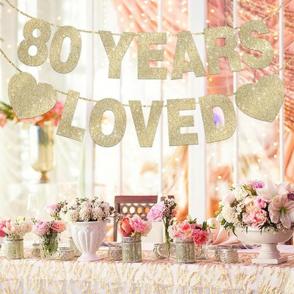 80 Years Loved Banner - Gold Glitter 80th Birthday Decorations for Men & Women | Pre-Strung Party Decor