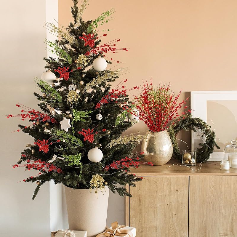 36 Bundles Christmas Glitter Berry Stems 16.9" Green Red Gold - Variation: Green, Red, Gold