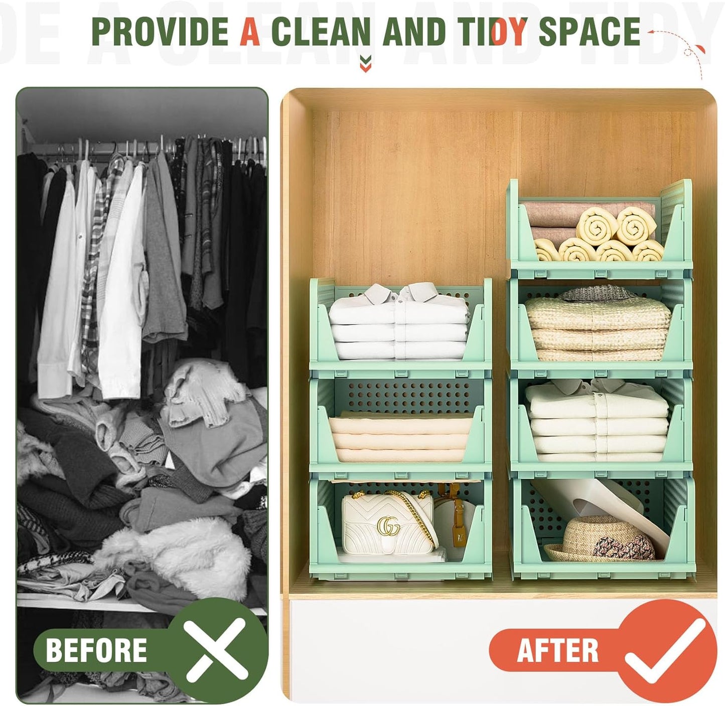 Stackable Plastic Storage Drawers - Closet Organizer Bins for Clothes | 5 Green Open Storage Bins