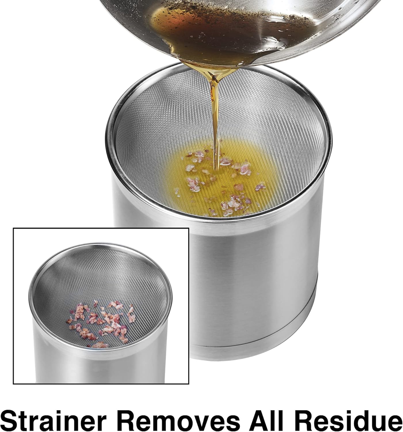 Oggi Stainless Steel Jumbo Grease Container with Removable Strainer and Snug Lid. Perfect container for fryer oil, bacon drippings, lard and ghee oil. Large capacity can - 1 Gall / 4 Qt / 3.75 Lt