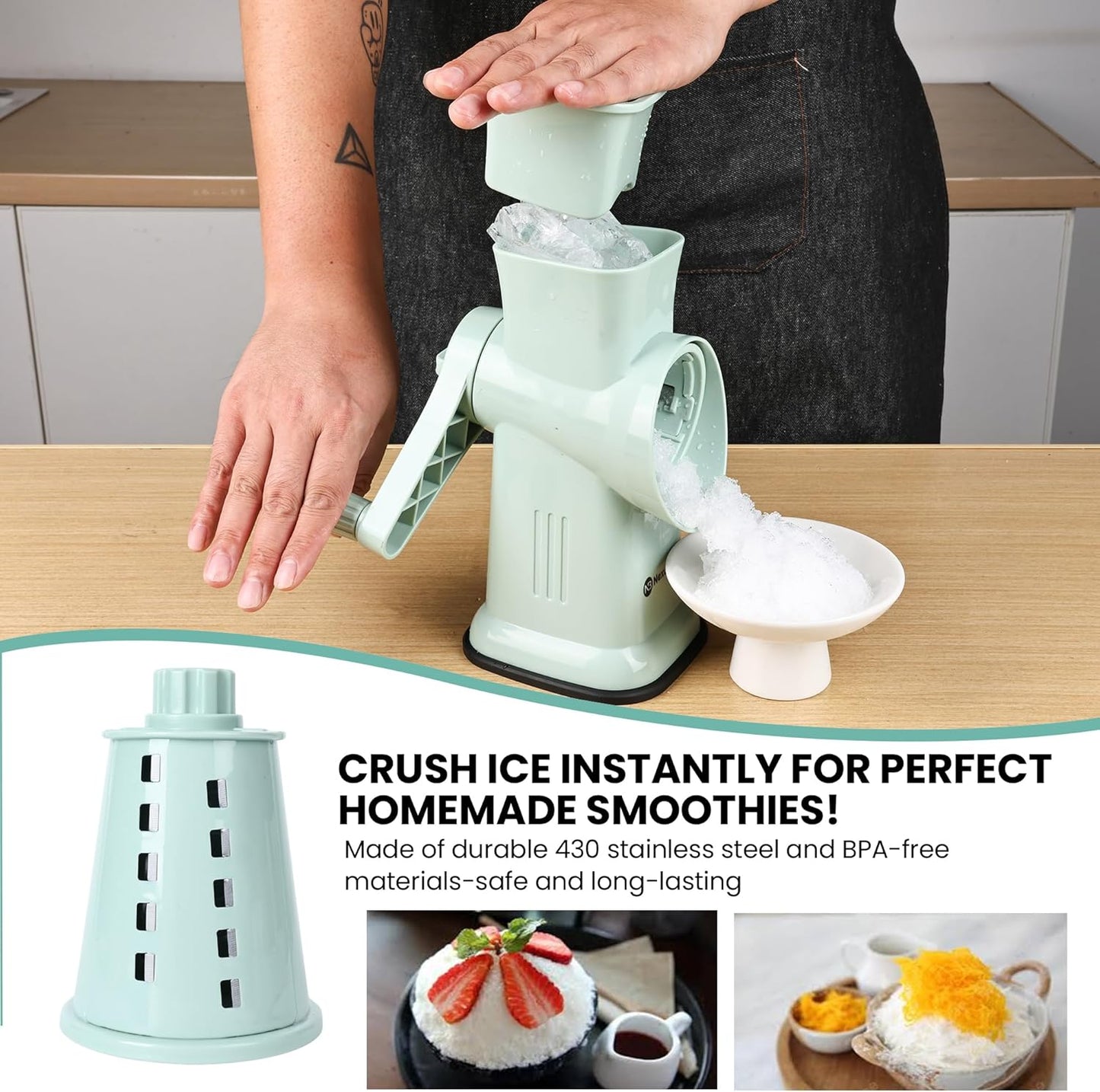 Skiennix 6-in-1 Rotary Cheese Grater - Hand Crank with 6 Stainless Steel Blades | Easy Clean & Suction Base