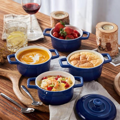 Lareina Mini Cocotte - 12oz Ceramic Casserole Dishes with Handles & Lid - Oven Safe Set of 4 - Blue