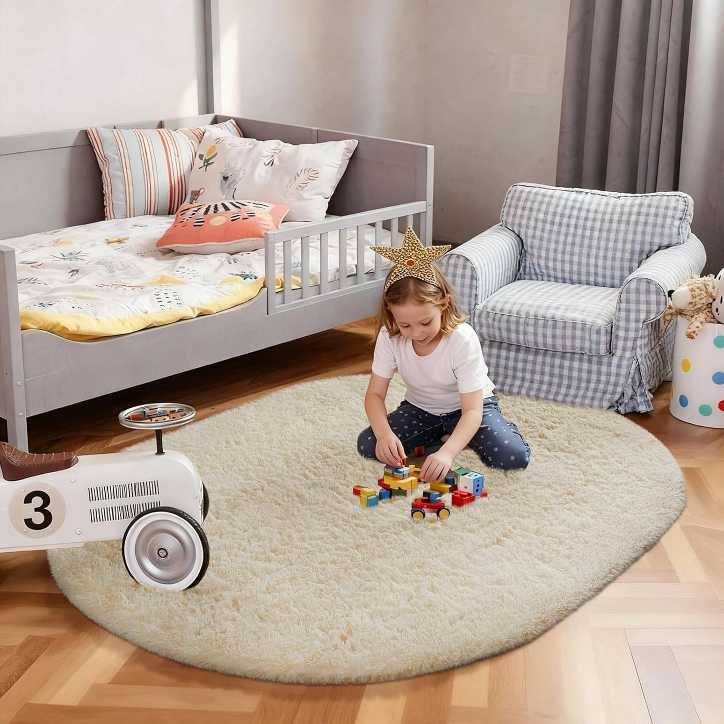 Ophanie 4x6 Oval Ivory Area Rug - Fluffy Plush Shaggy Carpet for Bedroom & Living Room Decor