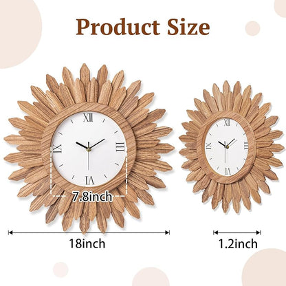 18 Inch Large Wall Clock - Silent Battery Operated Boho Sunburst Rustic Wood with Roman Numerals - Variation: Rustic Brown+18 inch
