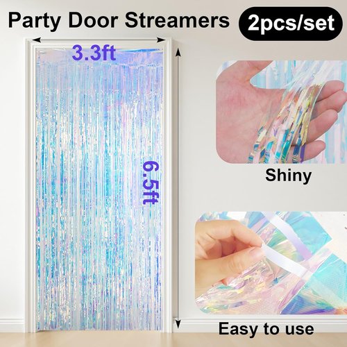 MALANKU Iridescent Streamers - Tinsel Curtain Backdrop for Mermaid & Winter Parties | 2 Packs, 3.3ft x 6.5ft