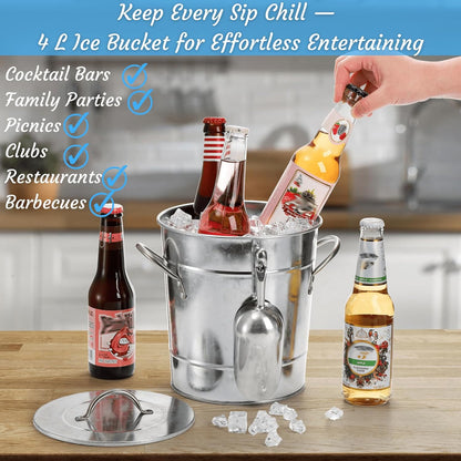 YOUEON 4 Liter Ice Bucket with Scoop and Lid, Double Walled Insulated Ice Bucket for Parties, Cocktail Bar, Wine Chiller, Beverage Tub with Carry Handles, Indoor & Outdoor Use, Silver