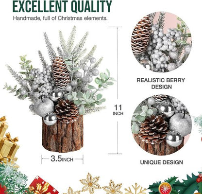 Hatisan Small Christmas Tree - Artificial Pine Cone & Berry Decor | Tabletop Holiday Decoration (Silver-Round)