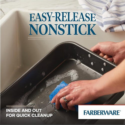 Farberware Nonstick Steel Roaster - 11-Inch x 15-Inch with Flat Rack | Durable Gray Bakeware