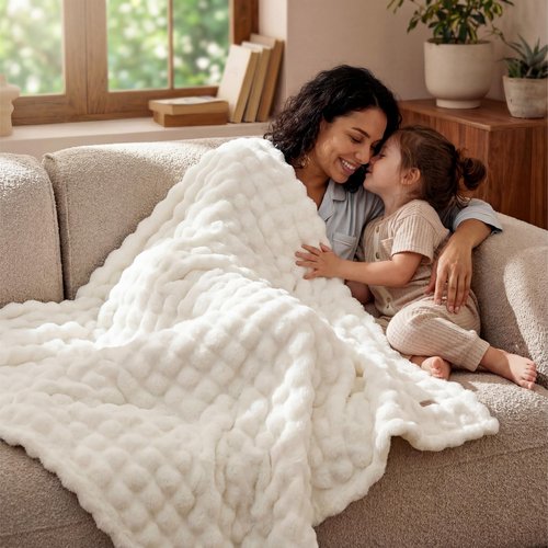 Bedsure 3D Fleece Bubble Blanket for Couch - GentleSoft White Spring Throw Mother's Day Blanket for Sofa Bed Room Decor - Luxury Soft Cozy Blanket Gifts for Kids, Lightweight, Off White, 50"×60"