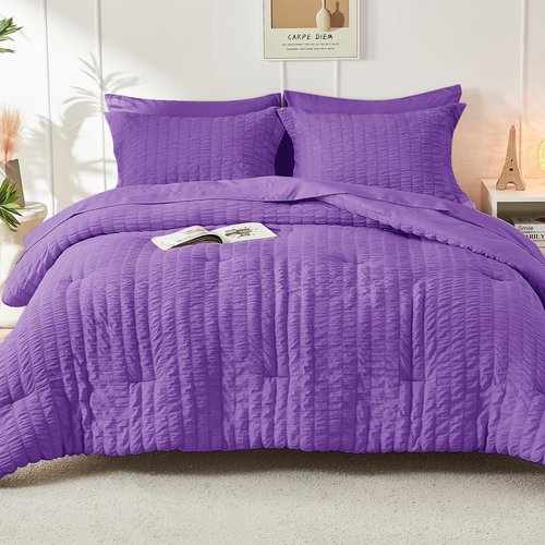 HYMOKEGE Bright Purple California King Comforter Set Seersucker 7 Pieces, All Season Luxury Bed in a Bag for Bedroom, Bedding Set with Comforter, Sheets, Pillowcases & Shams