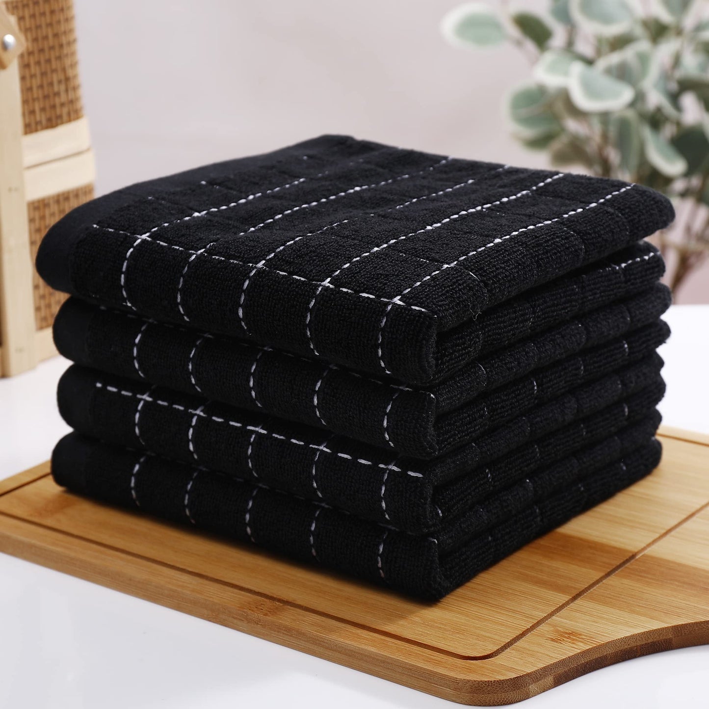 Homaxy 100% Cotton Terry Kitchen Towels(Black, 13 x 28 inches), Checkered Designed, Soft and Super Absorbent Dish Towels, 4 Pack