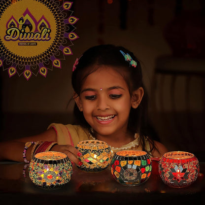 SHMILMH Glass Candle Holder Set - Handmade Mosaic Tealight Holders for Diwali & Christmas | 4-Pack