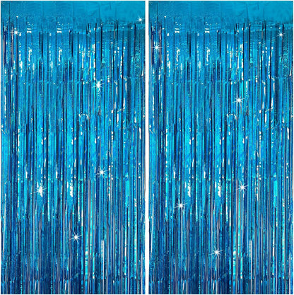 Skiennix Tinsel Curtain Backdrop - Blue Glitter Foil Fringe for Birthday, Wedding & Holiday Decor | 2 Packs