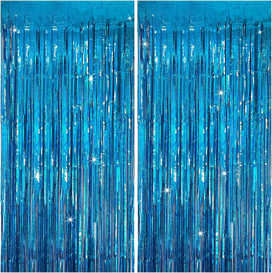 Skiennix Tinsel Curtain Backdrop - Blue Glitter Foil Fringe for Birthday, Wedding & Holiday Decor | 2 Packs