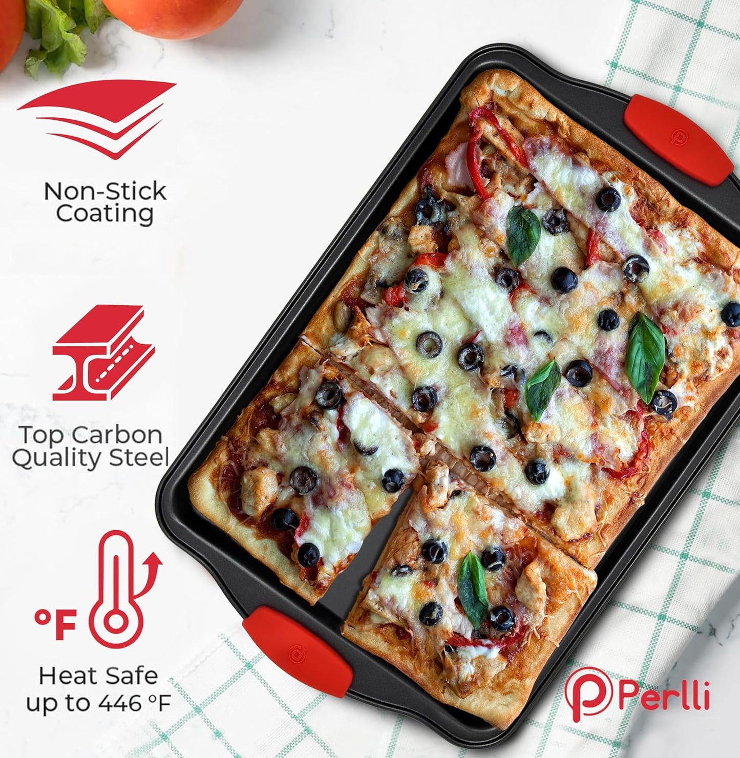 PERLLI Non-Stick Baking Pan Set - 3-Piece BPA-Free Carbon Steel Bakeware with Silicone Handles | Oven Safe Up to 446°F