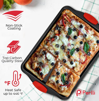 PERLLI Non-Stick Baking Pan Set - 3-Piece BPA-Free Carbon Steel Bakeware with Silicone Handles | Oven Safe Up to 446°F
