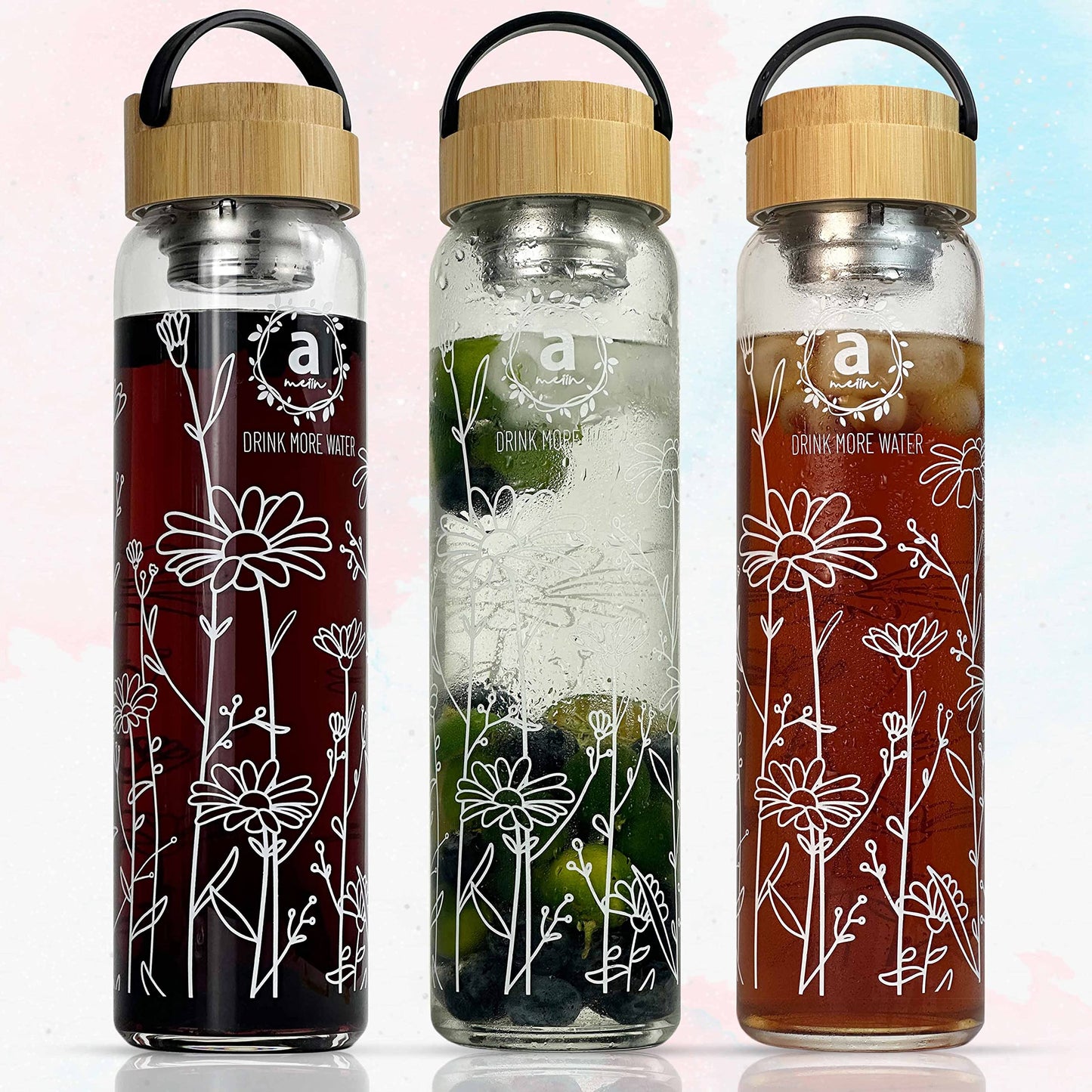 ameiin 32oz Borosilicate Glass Water Bottle with Bamboo Lid and 2 Tea Infuser Sets for Fruit Infused Water and Cold Brew Coffee - Tea Strainer for Loose Leaf Tea (Flower)