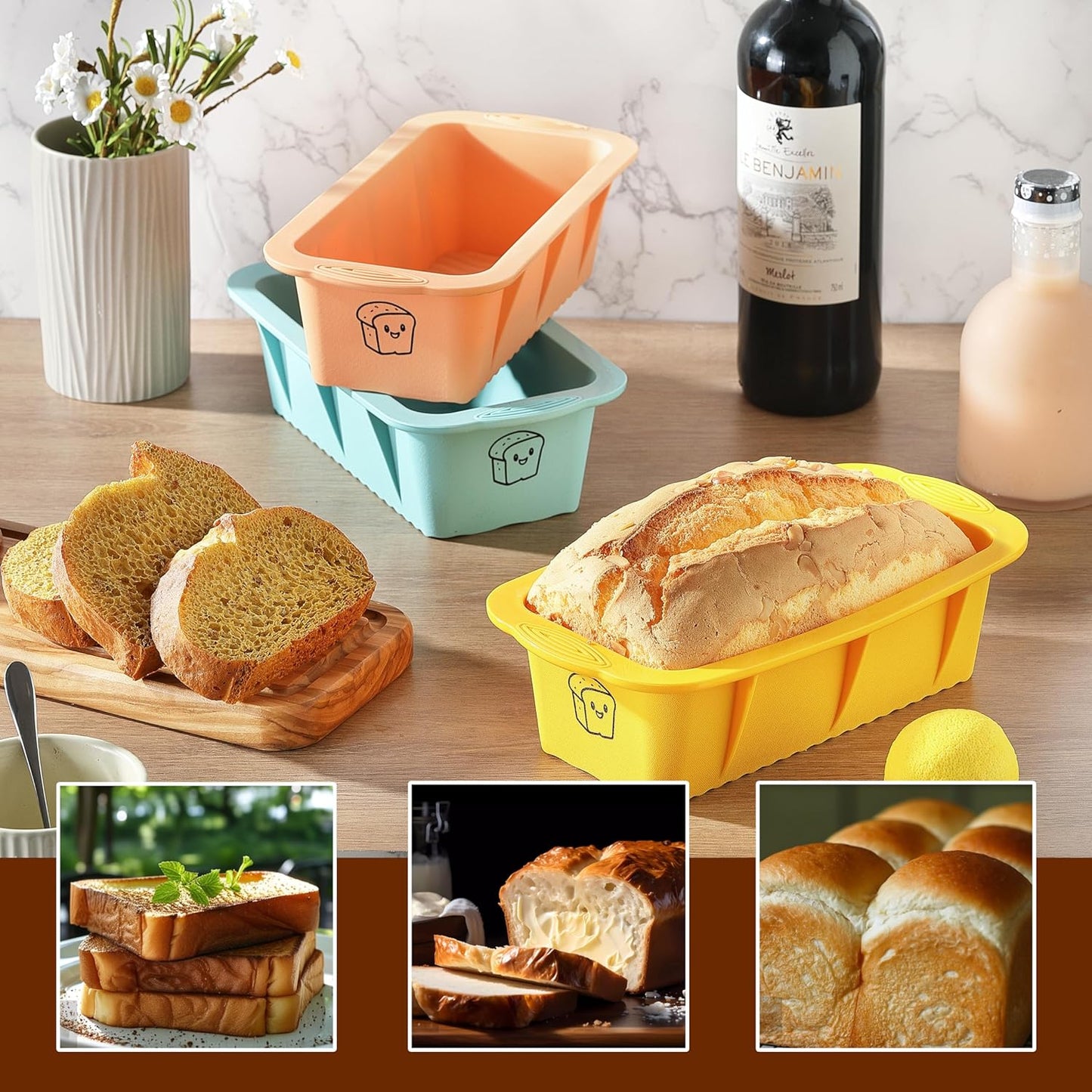 Skiennix Silicone Bread Loaf Pan Set - 3 Non-Stick Baking Pans for Homemade Bread & Cakes | Dishwasher Safe, Nesting Design