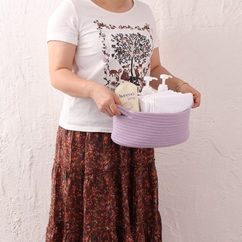 Cute Oval Cotton Rope Wicker Storage Basket with Handle - Empty Baby Nursery Box Bin Organizer for Kids, Cats, Dogs & Easter - Light Purple Lavender