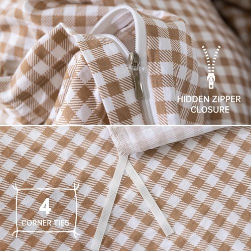 YHJWW Tan Gingham Duvet Cover Bedding Set Prewashed Extra Soft Comfy Breathable 3 Piece Brown Plaid Checkered Grid Vintage Comforter Cover Set Cute Aesthetic (Queen 90"x90", No Comforter)