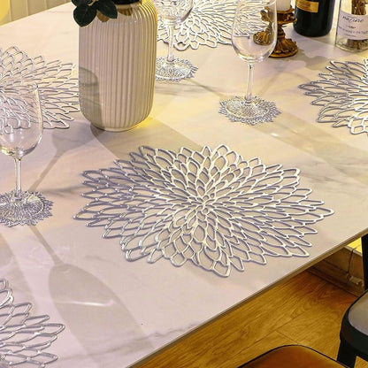 6 Pack Silver Placemats - 15" Round Glitter Vinyl Table Mats for Winter Holidays