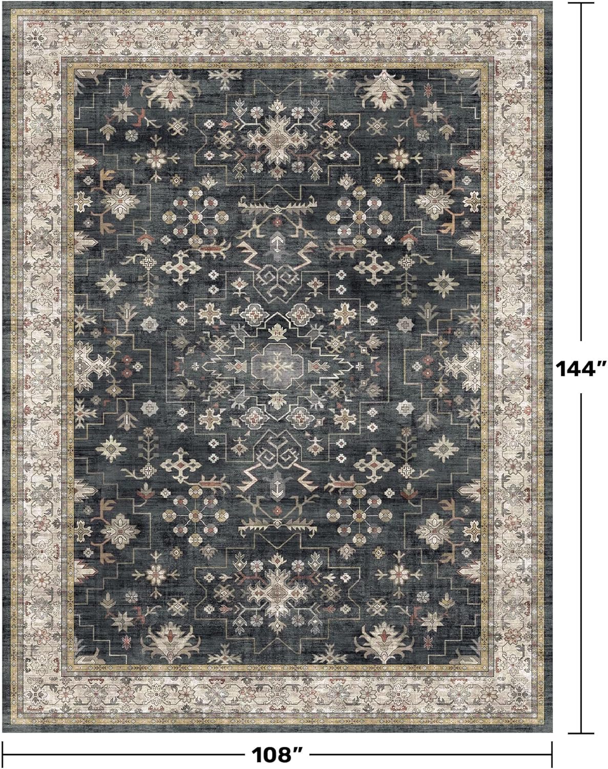 Skiennix Black Boho Rug - Washable Vintage Low Pile Carpet for Living Room | 9x12 Non-Slip Design