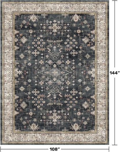 Skiennix Black Boho Rug - Washable Vintage Low Pile Carpet for Living Room | 9x12 Non-Slip Design