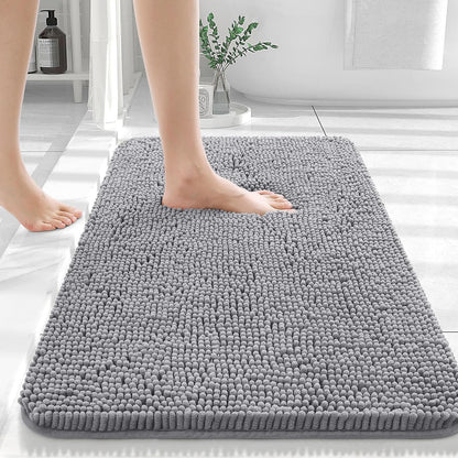 OLANLY Chenille Bath Rug Set - Soft Grey Bath Rug (30x20) & Toilet Lid Cover (17.5x15)