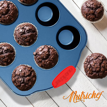 NutriChef 8-Piece Nonstick Baking Pan Set - Premium Carbon Steel Bakeware with Silicone Handles - Blue