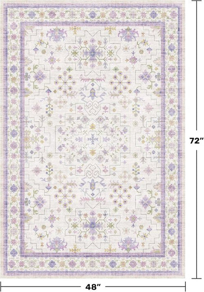 Hazo Haus Purple Area Rug - Non-Slip, Machine Washable 4x6 Floral Design for Girls' Bedroom & Nursery
